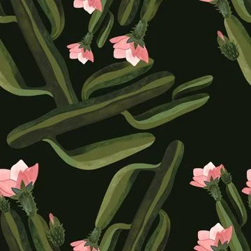 Cacti. Seamless watercolor pattern for wrapping paper, wallpaper and textiles. Stock Illustration