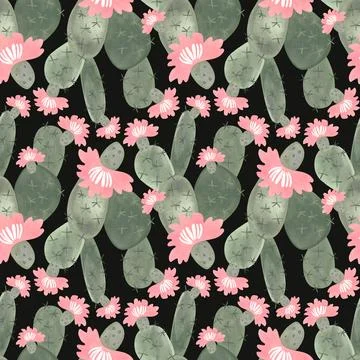 Cacti. Seamless watercolor pattern for wrapping paper, wallpaper and textiles. Stock Illustration
