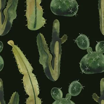 Cacti. Seamless watercolor pattern for wrapping paper, wallpaper and textiles. Stock Illustration