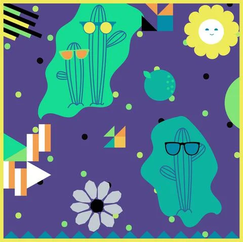 Cacti in sunglasses seamless vector pattern with cute funny cartoon on bright Stock Illustration