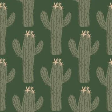 Cacti wallpaper on dark background. Cactus seamless pattern in doodle style. Stock Illustration