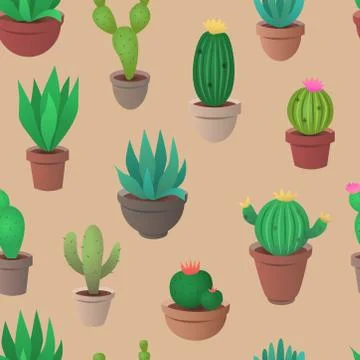Cactus, agave, succulent and other plants seamless vector pattern. Stock Illustration