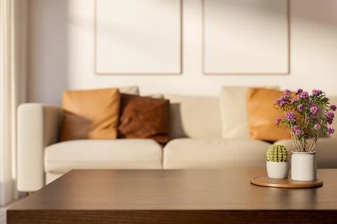 Cactus and potted plant on tray at wooden table with sofa couch and sunligh.. Stock Illustration