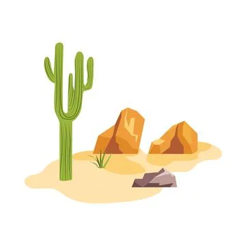 Cactus and rocks at desert in flat design. Wilderness plant and grass in sa.. Stock Illustration