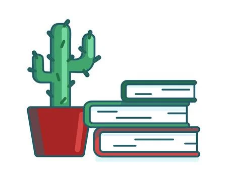 Cactus and a stack of books. Prickly plant in a pot. Reading literature. Home Illustrazione stock