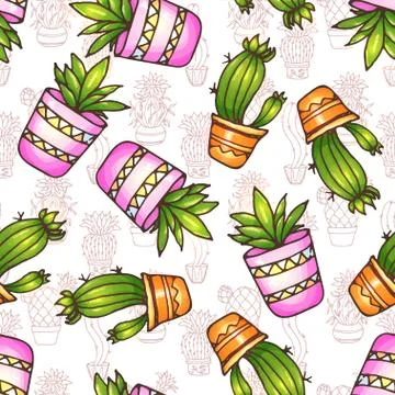 Cactus and succulents seamless pattern illustration Stock Illustration