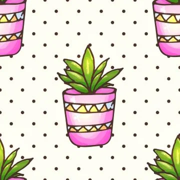 Cactus and succulents seamless pattern woth polka dots illustration Stock Illustration