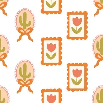 Cactus and tulip frames seamless pattern 스톡 일러스트