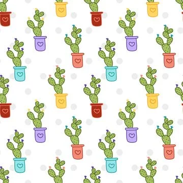Cactus Angel wing. Seamless pattern. Cacti. Flowering plants. Doodle, cartoon Stock Illustration