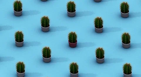 Cactus blue grid 3d rendering Stock Illustration