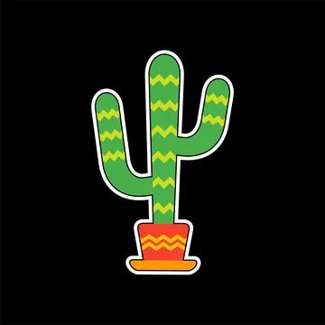 Cactus in bright coloured pot flat style vector sticker illustration Stock Illustration