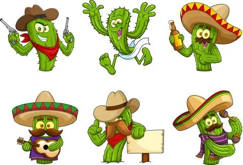 Cactus Cartoon Characters. Vector Hand Drawn Collection Set Stock Illustration