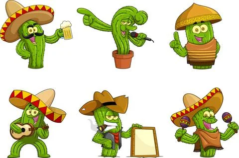 Cactus Cartoon Characters. Vector Hand Drawn Collection Set Stock Illustration