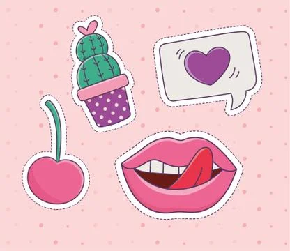 Cactus cherry lips love patch fashion badge sticker decoration icon Stock Illustration