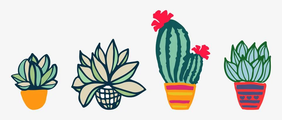 Cactus clip art set plant isolate, hand drawn colors sketching Stock Illustration