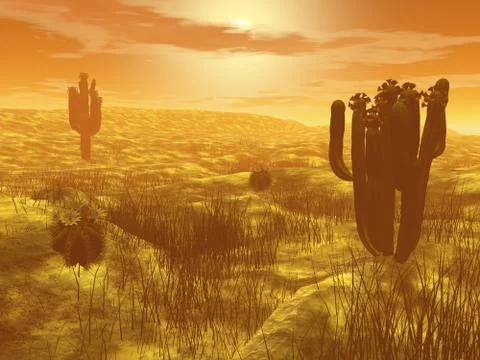 Cactus in the desert - 3D render Stock Illustration