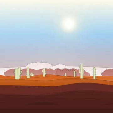 Cactus desert landscape featuring cactus tree silhouettes and sand field under a Stock Illustration