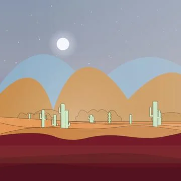 Cactus desert landscape featuring cactus tree silhouettes and sand field under a Stock Illustration