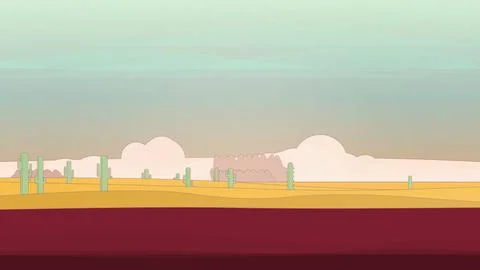 Cactus desert landscape featuring cactus tree silhouettes and sand field under a Stock Illustration