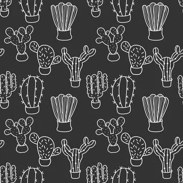 Cactus doodle seamless pattern isolated on black vector illustration. Exotic Stock Illustration