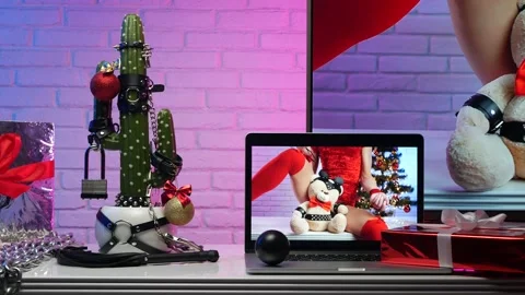 Cactus dressed up In accessories for BDSM games on the Christmas table with Stock Footage 144749010