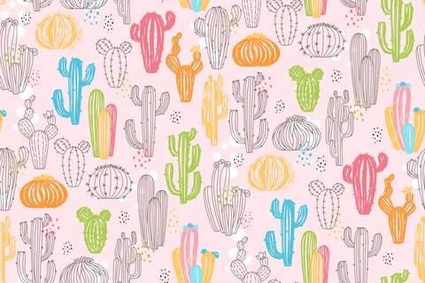 Cactus exotic grungy seamless pattern textured succulent plants repeat endless Stock Illustration