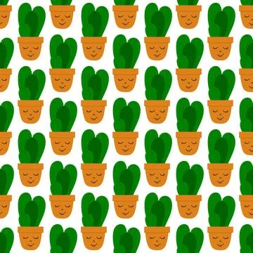 Cactus fabric pattern, cute pots with faces. Flat cacti houseplant seamless p 库存插图
