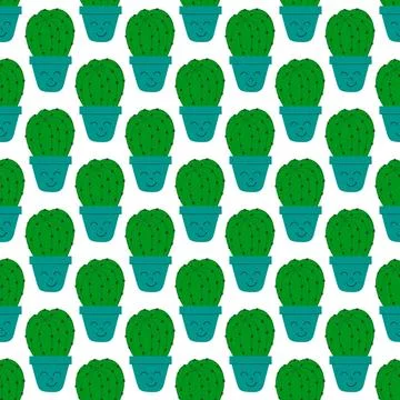 Cactus fabric pattern, cute pots with faces. Flat cacti houseplant seamless p Stock Illustration