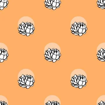 Cactus flower seamless vector pattern. Vector hand drawn orange succulent cac Stock Illustration