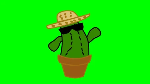 Cactus full of blades in a pot dancing and swaying with a straw hat in a pot Stock Footage 286338970