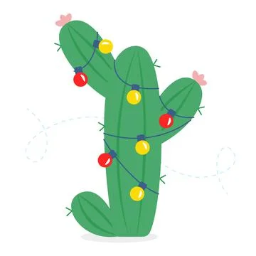Cactus with garland isolated on white background Stock Illustration