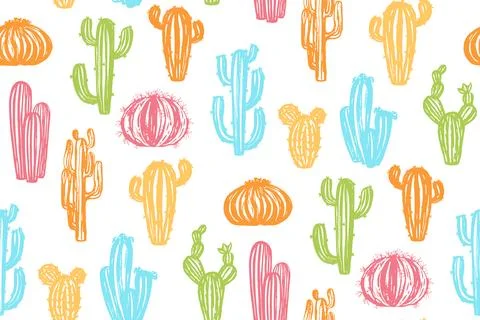 Cactus grungy seamless pattern textured succulent plants repeat ornament desert Stock Illustration