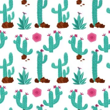 Cactus hand drawn vector seamless pattern. Hand drawn seamless repeat backgro 스톡 일러스트