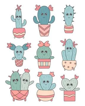 Cactus kawaii set Illustrazione stock