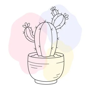 Cactus Line Art In Pot Vector Boho Illustration With Abstract Pastel Shapes.. Stock Illustration