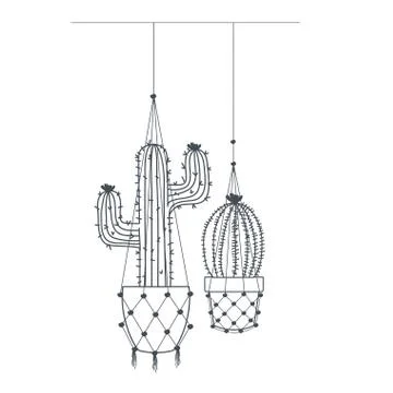 Cactus on macrame hangers isolated icon Stock Illustration