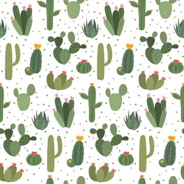 Cactus pattern. Cute seamless print with exotic plant with blossom and thorns on Stock Illustration