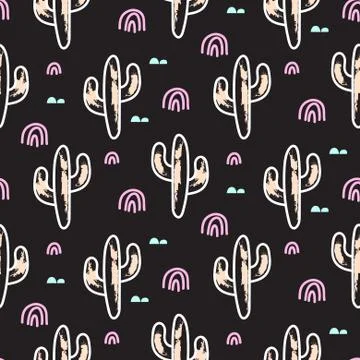 Cactus plant black vector seamless pattern. Abstract cartoon desert fabric print Stock Illustration