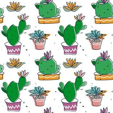 Cactus Plant cartoon seamless pattern. Hand drawn cute bright illustration Stock Illustration