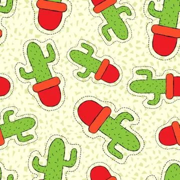 Cactus plant hand drawn patch on seamless pattern Stock Illustration
