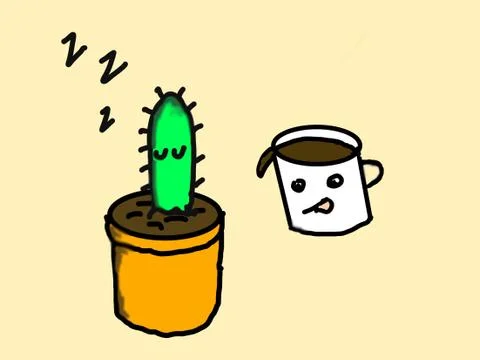 Cactus pot with coffee cup Illustration