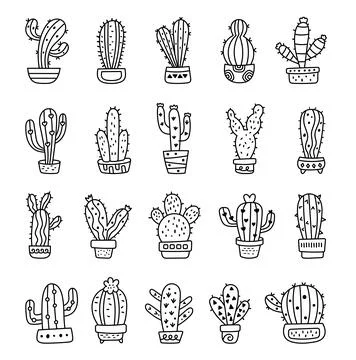 Cactus pot plant set in outline line art Stock Illustration