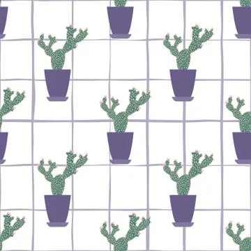 Cactus in pot seamless pattern on stripe background.Textile ornament. Illustrazione stock