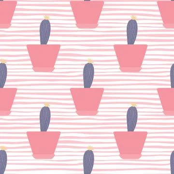 Cactus in pot seamless pattern on stripe background. Simple textile ornament Stock Illustration