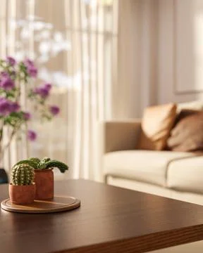 Cactus pots on round trey over wooden table across sofa with sunlight throu.. Ilustração Stock