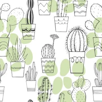 Cactus in pots. Vector seamless pattern Stock Illustration