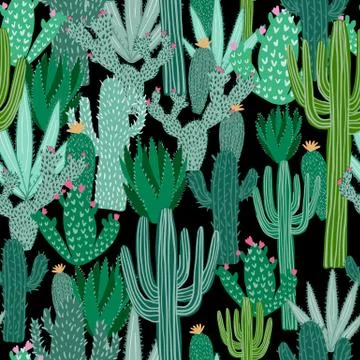 Cactus seamless pattern on black background. Green cacti wallpaper. Illustrazione stock
