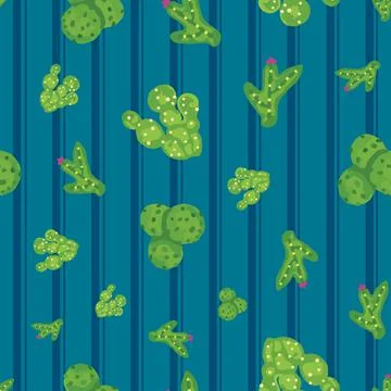 Cactus seamless pattern on blue background with vertical stripes Stock Illustration