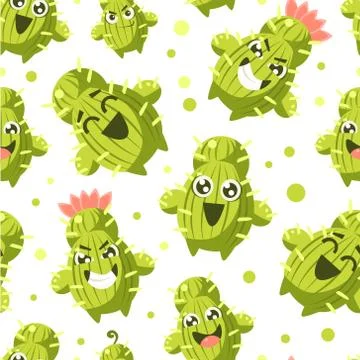 Cactus Seamless Pattern, Cacti Characters with Funny Faces Vector Illustration 스톡 일러스트