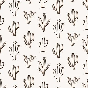 Cactus Seamless Pattern Cacti Doodle Background Stock Illustration